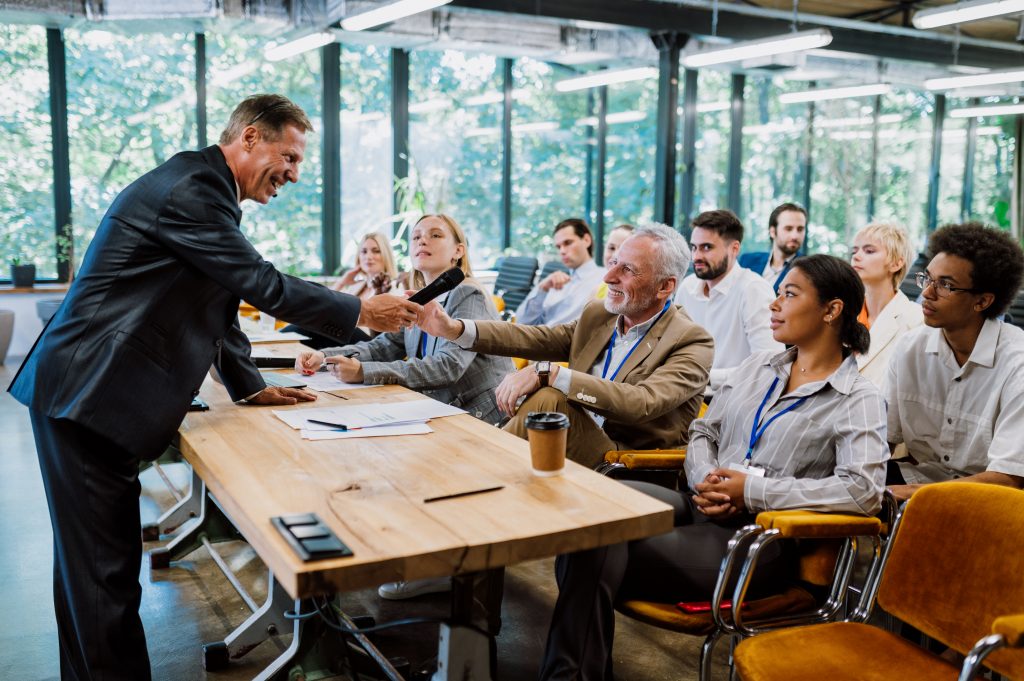 Cinematic image of a conference meeting